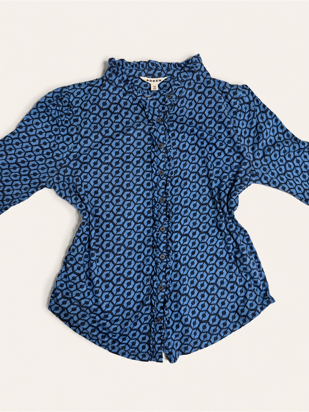 Boden Blue and Black Geometric Ruffle-Trim Blouse